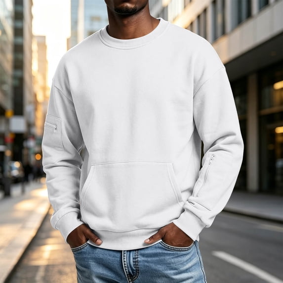 Men's Fleece Crewneck Sweatshirt Casual Long Sleeves Kangaroo Pocket Pullover Top (White,S)