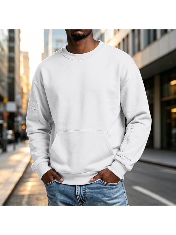 Men's Fleece Crewneck Sweatshirt Casual Long Sleeves Kangaroo Pocket Pullover Top (White,S)