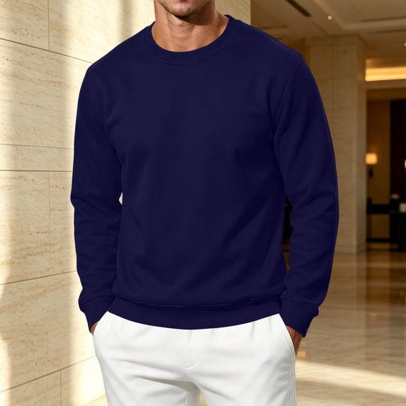 Men's Fleece Crewneck Sweatshirt Cotton Long Sleeve Pullover Casual Thermal Shirts fall winter fashion comfort solid Sweatshirt Navy XL