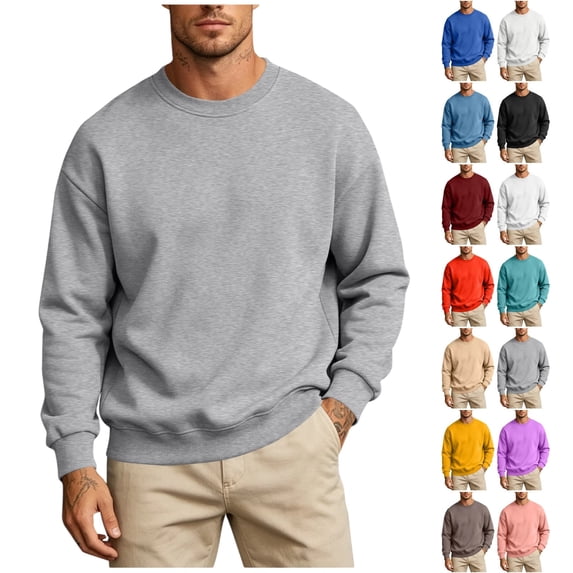 Men's Fleece Crewneck Sweatshirt, Heavyweight Soft Cotton Blend Pullover, Long Sleeve Casual Top for Spring Fall, Classic Solid Color Basic Jumper with Ribbed Cuffs
