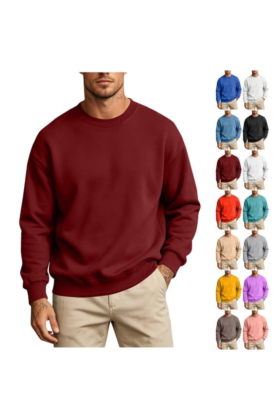Men's Fleece Crewneck Sweatshirt, Heavyweight Soft Cotton Blend Pullover, Long Sleeve Casual Top for Spring Fall, Classic Solid Color Basic Jumper with Ribbed Cuffs