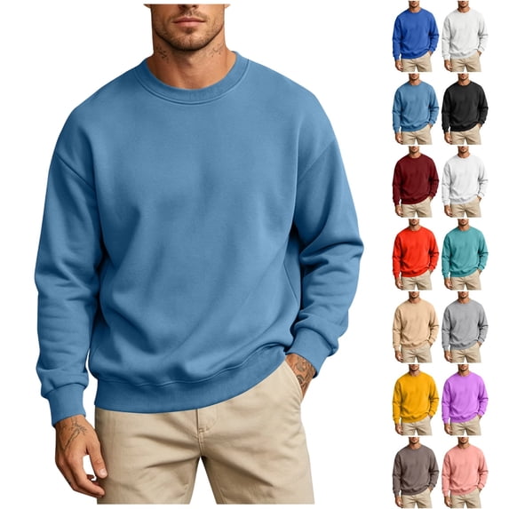 Men's Fleece Crewneck Sweatshirt, Heavyweight Soft Cotton Blend Pullover, Long Sleeve Casual Top for Spring Fall, Classic Solid Color Basic Jumper with Ribbed Cuffs