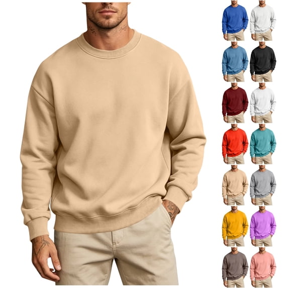 Men's Fleece Crewneck Sweatshirt, Heavyweight Soft Cotton Blend Pullover, Long Sleeve Casual Top for Spring Fall, Classic Solid Color Basic Jumper with Ribbed Cuffs