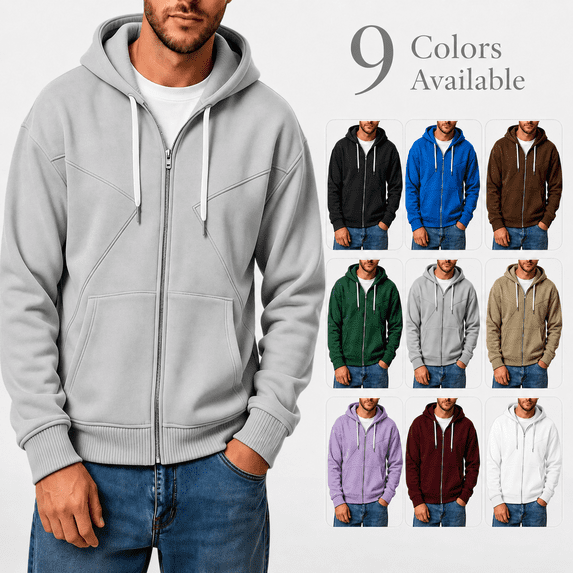 Men's Fleece Full Zip Hoodie, Fall Long Sleeve Hooded Sweatshirt Coat, Loose Causal Hoodie Jackets with Pockets