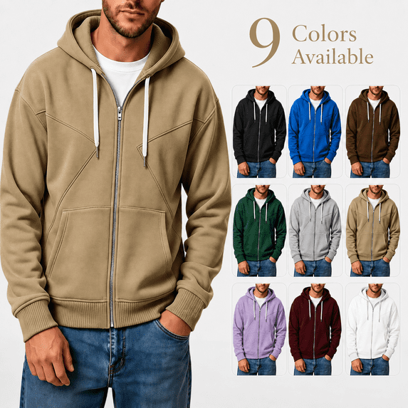 Men's Fleece Full Zip Hoodie, Fall Long Sleeve Hooded Sweatshirt Coat, Loose Causal Hoodie Jackets with Pockets