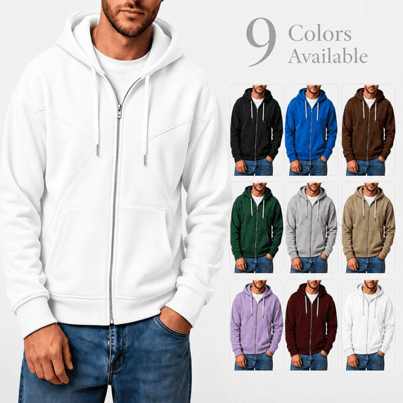 Men's Fleece Full Zip Hoodie, Fall Long Sleeve Hooded Sweatshirt Coat, Loose Causal Hoodie Jackets with Pockets