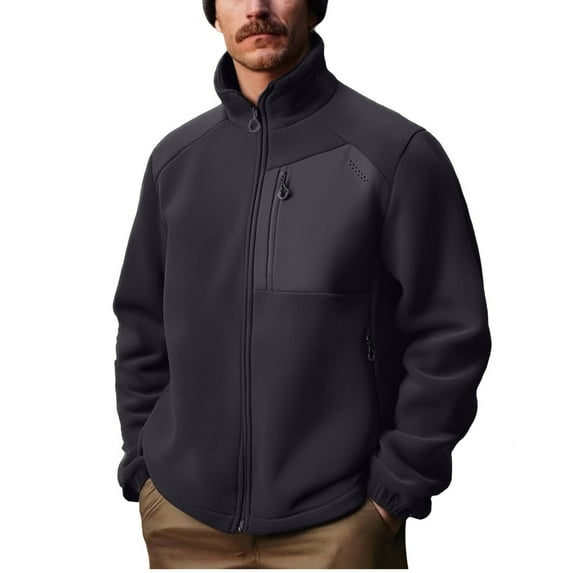 Men's Fleece Full Zip Up Sweatshirt Windproof Soft Shell Solid Color Heavy Mock Neck Jackets with Zip Pocket
