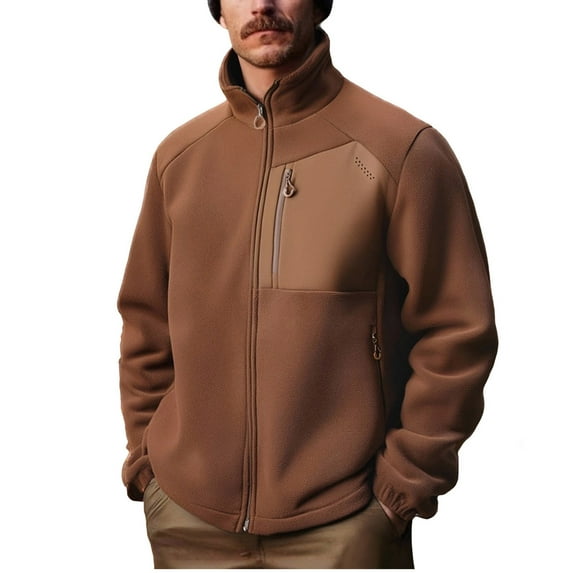 Men's Fleece Full Zip Up Sweatshirt Windproof Soft Shell Solid Color Heavy Mock Neck Jackets with Zip Pocket