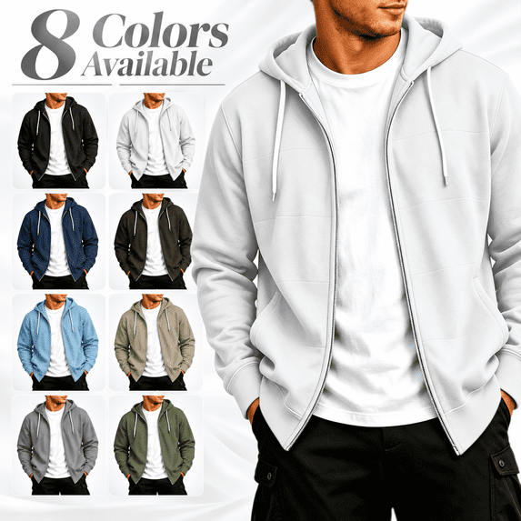 Men's Fleece Hooded Jacket Full Zip Long Sleeve Hoodie with Pockets Fall Winter Loose Zipper Sweatshirt Jacket
