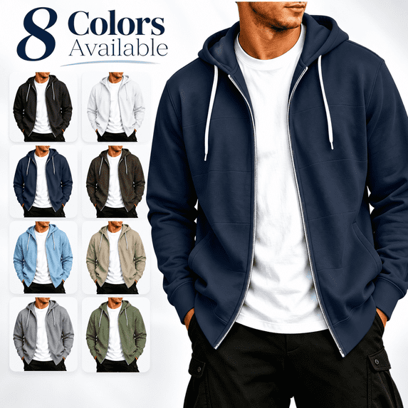 Men's Fleece Hooded Jacket Full Zip Long Sleeve Hoodie with Pockets Fall Winter Loose Zipper Sweatshirt Jacket