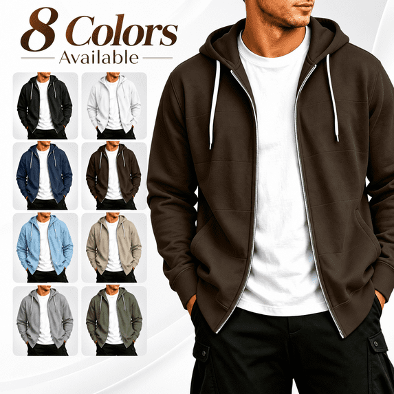 Men's Fleece Hooded Jacket Full Zip Long Sleeve Hoodie with Pockets Fall Winter Loose Zipper Sweatshirt Jacket