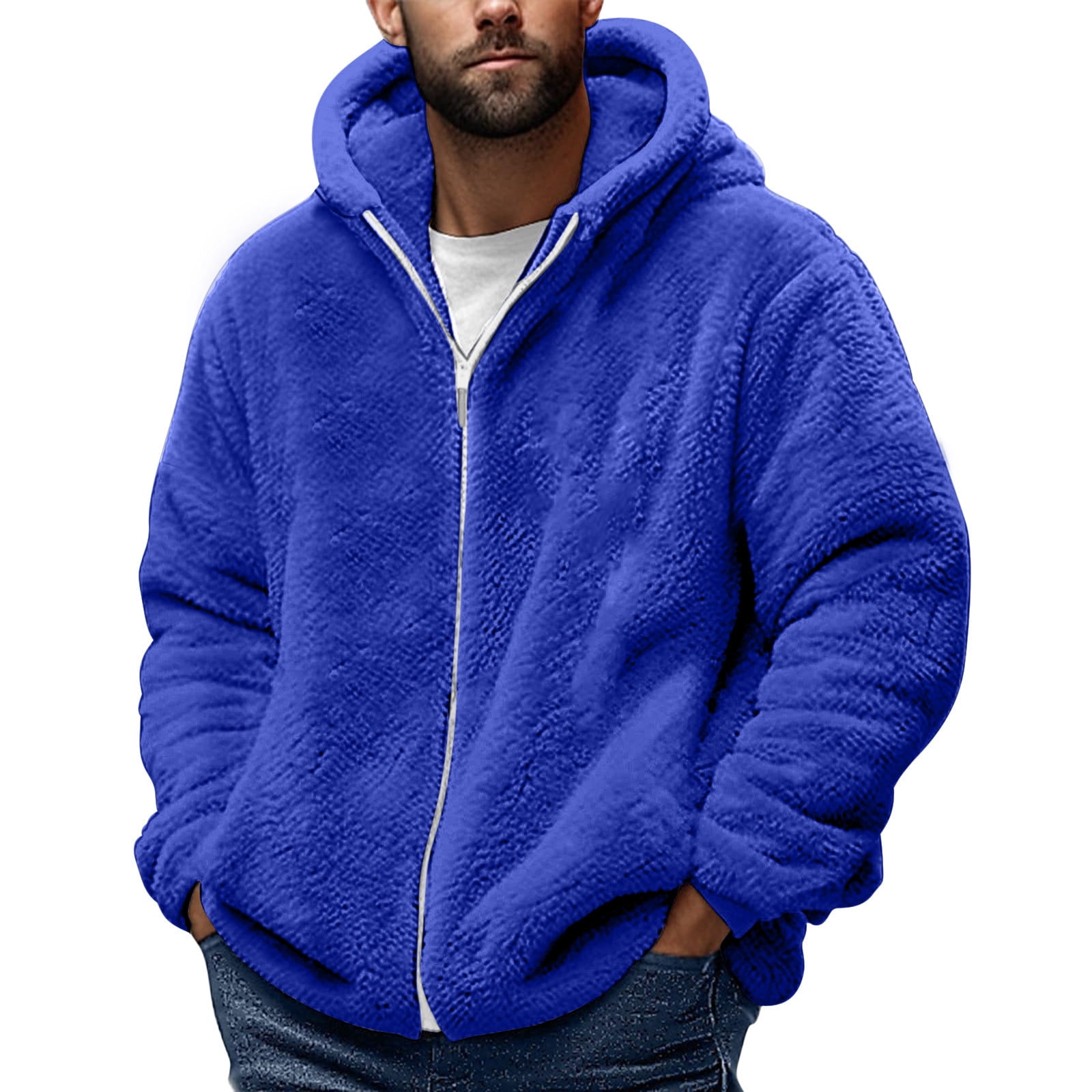 Men's Fleece Hooded Jacket Plus Size Fashion Winter Warm Sherpa Plush Zipper Fuzzy Jackets Casual Solid Color Comfort Soft Coats