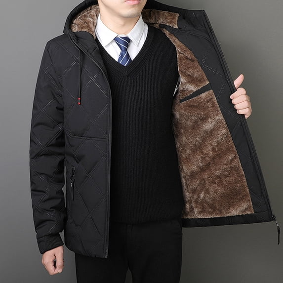 Men's Fleece Hooded Jacket, Solid Color Long Sleeve with Front Zipper Pockets, 100% Polyester Warm Casual Outerwear for Winter Outdoor and Daily Activities