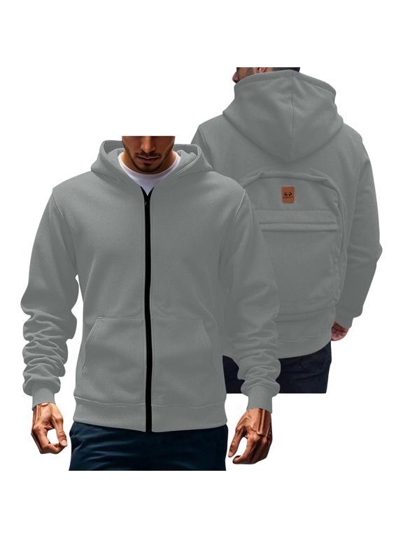 Men's Fleece Hooded Jacket - Solid Thick Warm Multi-Pocket Work Coat