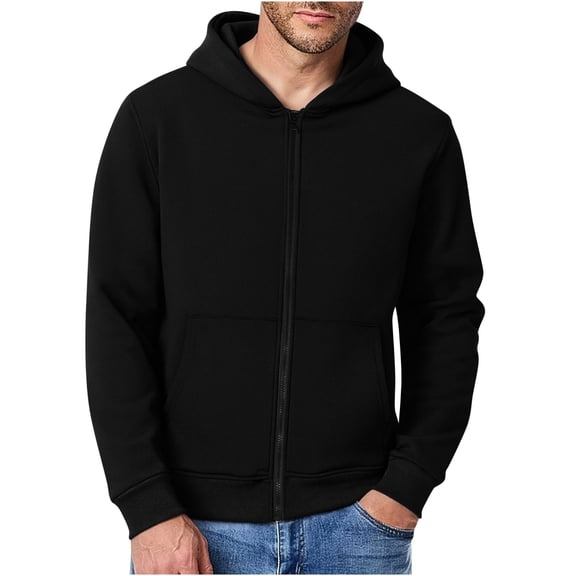 Men's Fleece Hooded Jacket Zipper Solid Color Thickened Warm Winter Outerwear Coats with Pockets
