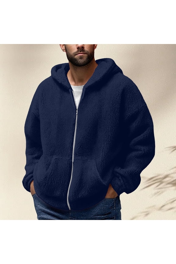 Men's Fleece Hooded Jackets Winter Zip up Thicken Warm Coats Long Sleeve Fuzzy Soft Comfy Outerwear with Pockets New Mens Long Sleeve Jackets Navy 4XL
