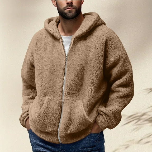 Men's Fleece Hooded Jackets Winter Zip up Thicken Warm Coats Long Sleeve Fuzzy Soft Comfy Outerwear with Pockets New Oversized Jacket for Men Lightweight Coffee 4XL