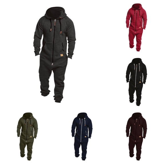Men's Fleece Hooded Jumpsuit Color Block Zip Up Casual One Piece for Fall Winter