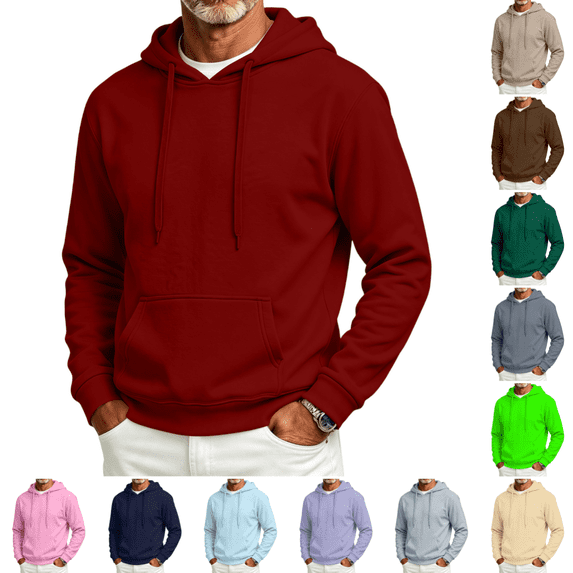 Men's Fleece Hooded Sweatshirt Casual Trendy Comfy Long Sleeves Hoodies Fall Winter Thermal Drawstring Solid Color Pullover Wine M