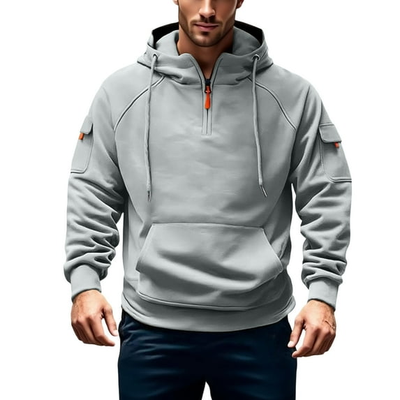 Men's Fleece Hooded Sweatshirt Long Sleeve Zip Vintage Solid Casual T-Shirt Tactical Western Tee Sports Gray XXXL