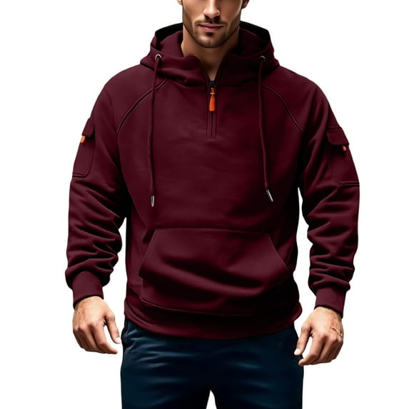 Men's Fleece Hooded Sweatshirt Long Sleeve Zip Vintage Solid Casual T-Shirt Tactical Western Tee Sports Wine XL