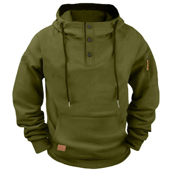 Men's Fleece Hoodie, Button Up Long Sleeve Sweatshirt with Multiple Pockets, Solid Color Casual Work Hoodie for Winter and Daily Wear