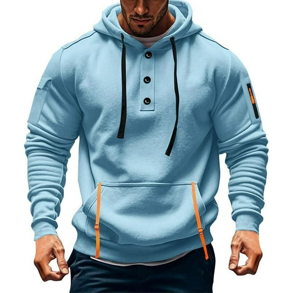Men's Fleece Hoodie Casual Long Sleeve Button Up Pullover Vintage Workout Hoodies Military Tactical Sweatshirt with Zip Pockets
