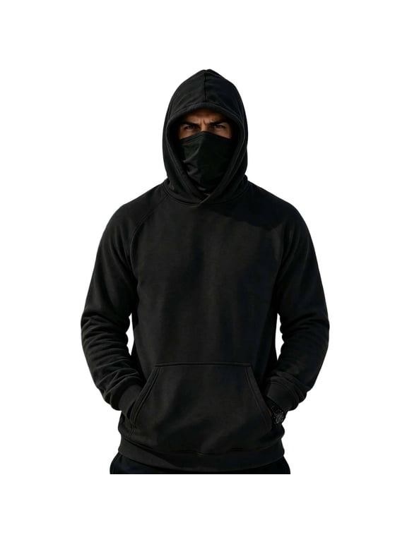 Men's Fleece Hoodie with Face Cover Mask, Long Sleeve Hooded Pullover, Casual Athletic Workout Sweatshirt, Wind Resistant for Winter Cold Weather, Kangaroo Pockets, Thermal Sweatshirt