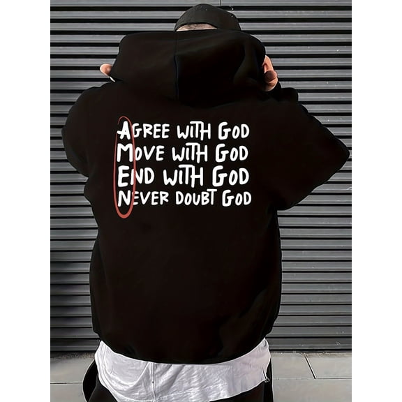 Men's Fleece Hoodie with "God" Letter Print - Black Casual Pullover Sweatshirt, Relaxed Fit, Front Pocket, Lightweight Polyester, Hand Wash or Dry Clean, Perfect for Casual Attire, Hoodie