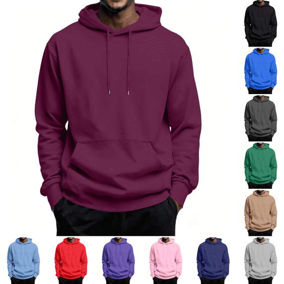 Men's Fleece Hoodie Stylish Long Sleeve Drawstring Hooded Sweatshirt Fall Winter Thermal Casual Pullover With Pocket Wine S
