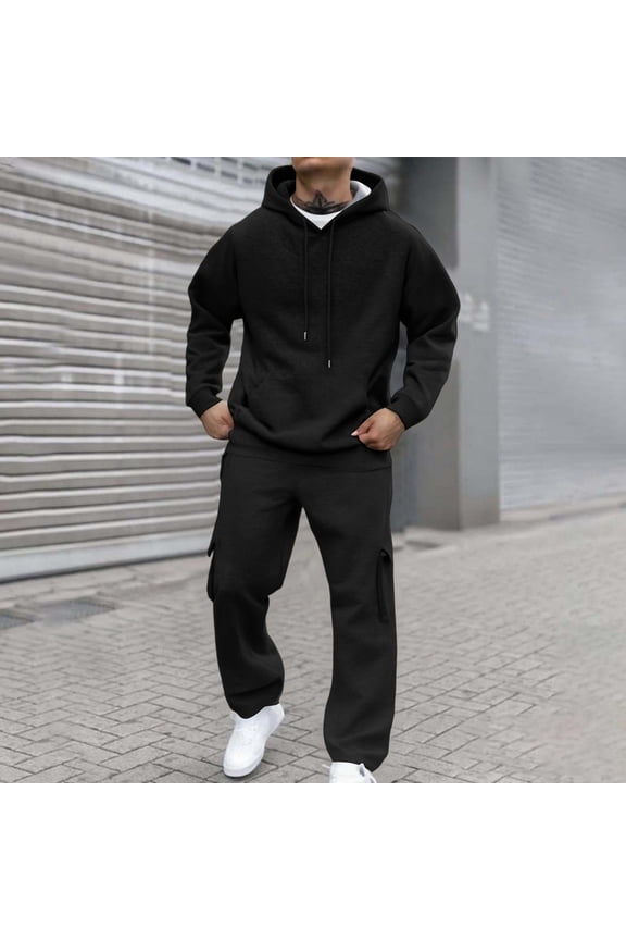 Men's Fleece Hoodie and Cargo Pants Two-Piece Set for Casual Outdoor Sports, Streetwear Athletic Sweatsuit, Comfortable Fit with Elastic Waist