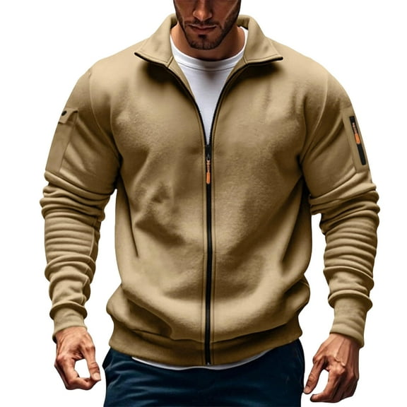 Men's Fleece Jacket Full Zip Up Stand Collar Zipper Pocket Thick Warm Cargo Sweashirts Casual Fall Winter Coat (3XL, Khaki)