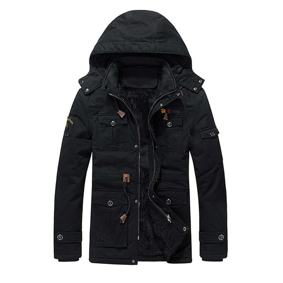 Men's Jacket Solid Winter Coat Thick Windbreak Jacket Mid Length Hooded Cargo Jacket Cowboy Warm Coats for Cold Weather Outwear A-Black XL