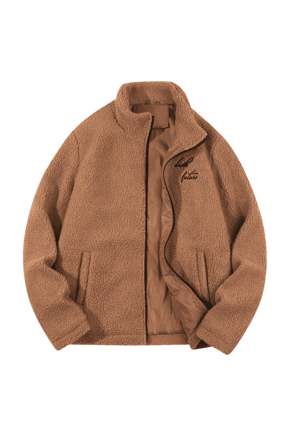 Men's Fleece Jacket Warm Lined Stand Collar Jackets Brown Size 2XL