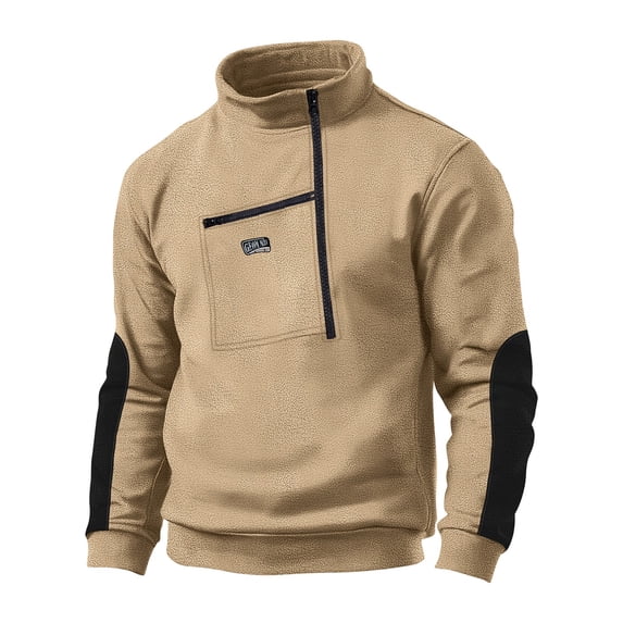 Men's Fleece Jacket Winter Warm Quarter Zip Mock Neck Coat Tactical Jackets Embroidered Zipper Pockets for Training Size 3XL Khaki