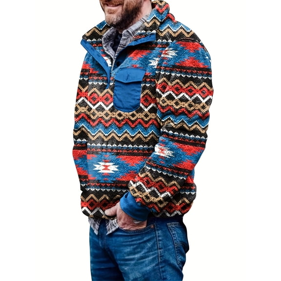Men's Fleece Jacket and Pullover Hoodie Outerwear, Western Retro Style with Pockets