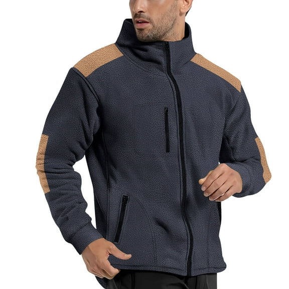Men's Fleece Jacket with Contrast Panels, Full Zip, Warm and Comfortable for Outdoor Activities, Navy Blue