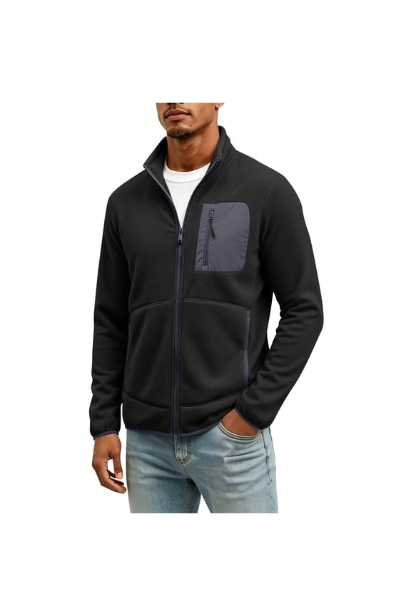Men's Fleece Jacket with Pockets Lightweight Zip Up Golf Jackets Winter Warm Casual Coat Windbreaker Black S(S)
