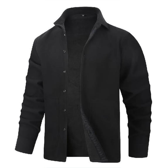 Men's Fleece Jackets Button Down Shacket Tops Solid Color Lapel Collar Long Sleeve Fall Casual Outerwear (L, Black)