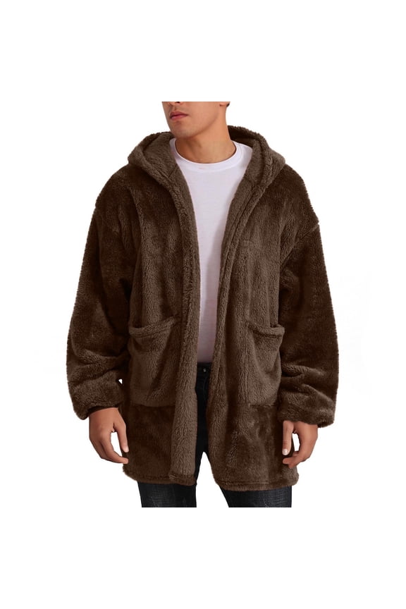 Men's Fleece Jackets Fuzzy Sherpa Long Sleeve Open Front Hooded Cardigan Coat Outwear Fall Winter Warm Tops with Pockets (L, Brown)