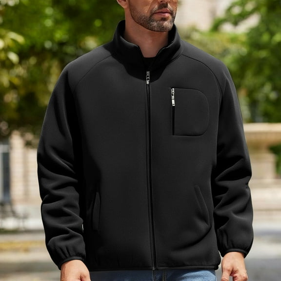 Men's Fleece Jackets Zip up Stand Collar Long Sleeve Coats Fall Winter Casual Warm Outerwear with Pockets New Long Sleeve Jackets for Men Black XL
