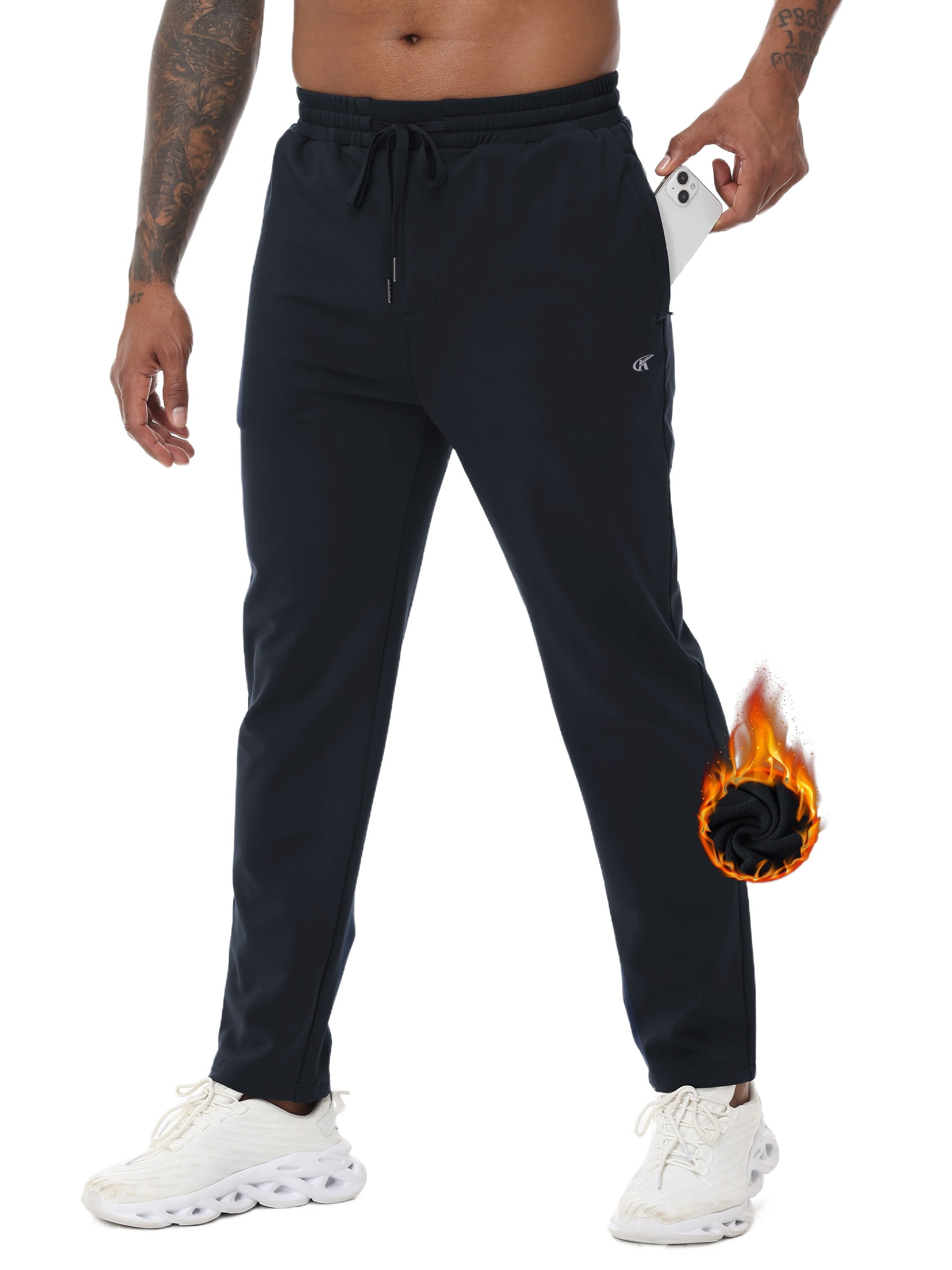 Men's Winter Warm Fleece Jogging Pants Water Resistant With 3 Zipper Pockets Athletic Gym Workout Sweatpants Black L