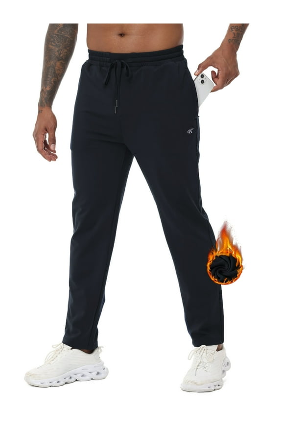 Men's Winter Warm Fleece Jogging Pants Water Resistant With 3 Zipper Pockets Athletic Gym Workout Sweatpants Black XL