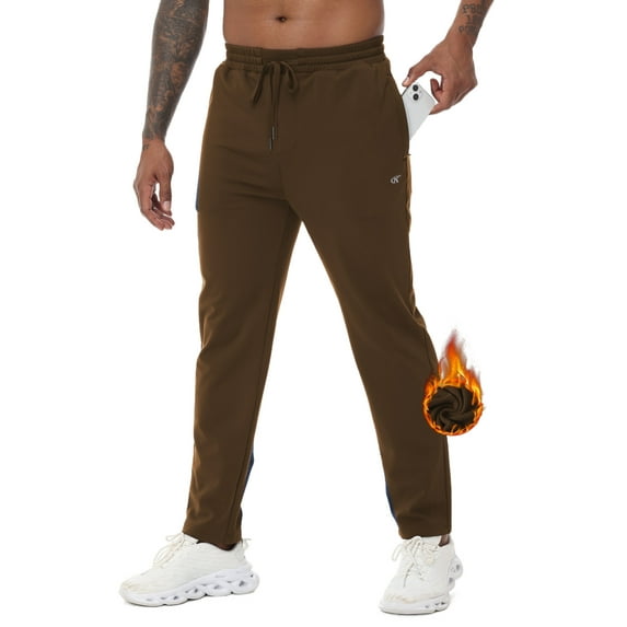 NEIKU Men's Winter Warm Fleece Jogging Pants Water Resistant With 3 Zipper Pockets Athletic Gym Workout Sweatpants Brown 2XL