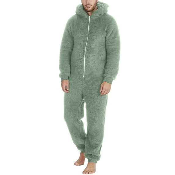 Men‘s Fleece Jumpsuit Pajamas Winter Warm Zip Up One Piece Hooded Sleepwear Jogger Soft Loungewear Overall Rompers