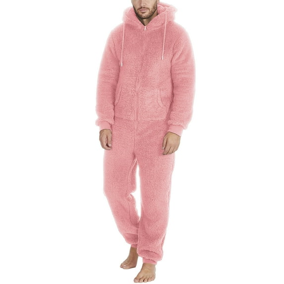 Men‘s Fleece Jumpsuit Pajamas Winter Warm Zip Up One Piece Hooded Sleepwear Soft Jogger Loungewear Overall Rompers