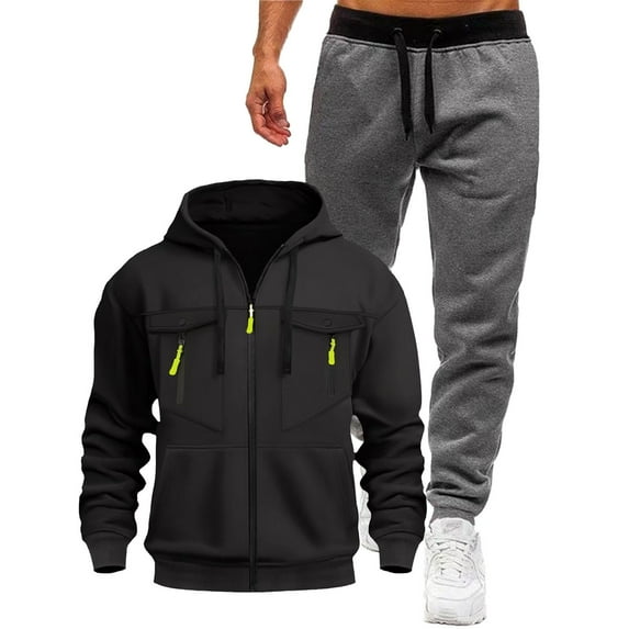 Men's Fleece Lined 2PC Sweatsuits Long Sleeve Zip Up Hoodie Jacket Elastic Waist Cuffed Joggers Loungewear Set with Pockets Black L
