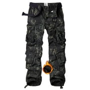 Men's Fleece Lined Camo Hiking Tactical Ripstop Pants Winter Outdoor Work Cargo Pants with 8 Pockets No Belt