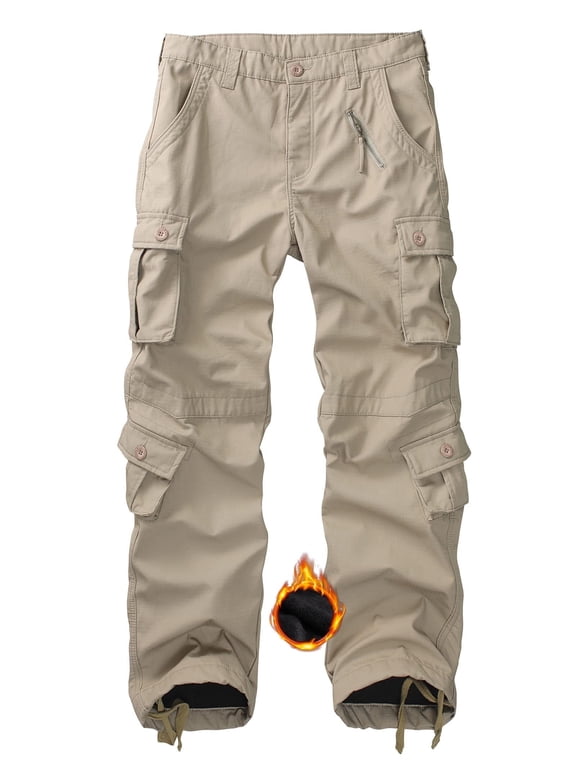 Men's Fleece Lined Camo Ripstop Hiking Pants Winter Outdoor Work Cargo Pants with 8 Pockets (No Belt)Khaki,Size 38