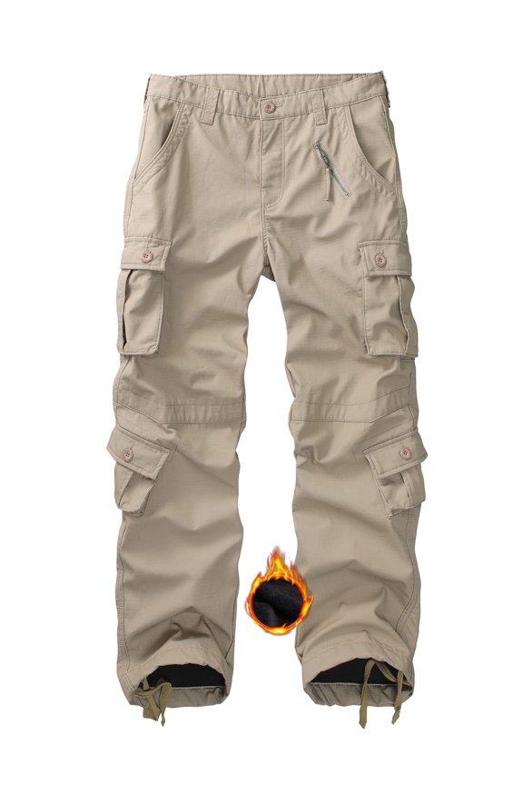 Men's Fleece Lined Camo Ripstop Hiking Pants Winter Outdoor Work Cargo Pants with 8 Pockets (No Belt)Khaki,Size 36